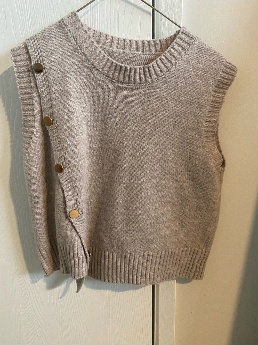 Sleeveless Knit Button-Accent Sweater Vest in Taupe